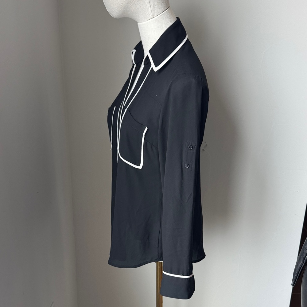 Express Women's Black Button-Up Shirt with White Trim